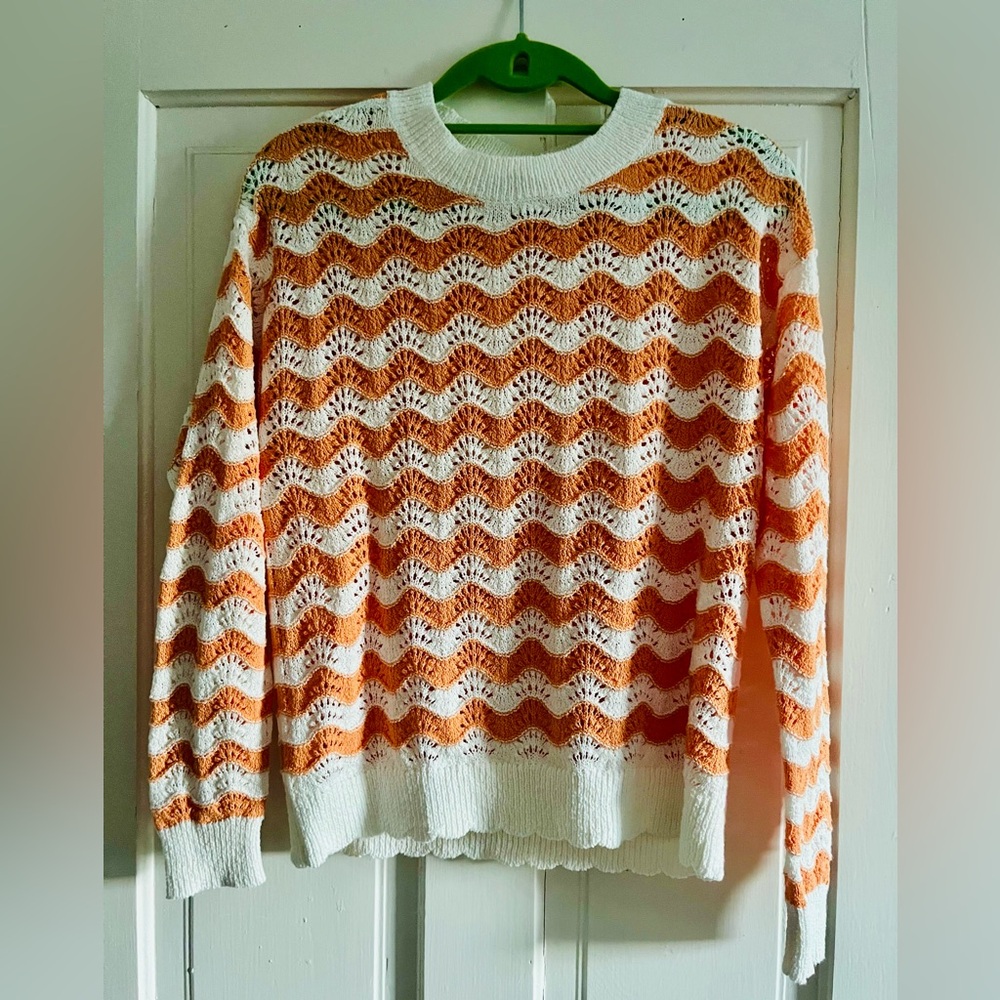 LOFT Orange and White Lightweight Crew Neck Sweater Scalloped Edge